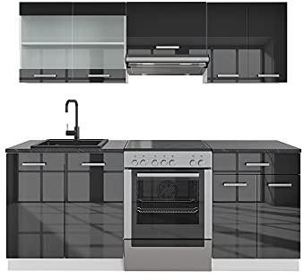Vicco Küchenzeile Fame-Line, Anthrazit Hochglanz/Weiß, 200 cm | 5 Module · Höhenverstellbare Füße · AP Anthrazit inkl. · MDF-Fronten · Softclose · Metallgriffe