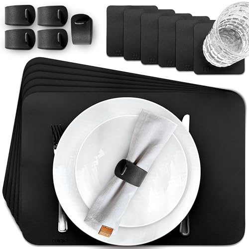 MIQIO Tischset aus Kunstleder - 18er Tisch- Untersetzer-Set - Leder Platzsets abwaschbar - 6 Platzsets, Glasuntersetzer, Serviettenringe | schwarz | rechteckig