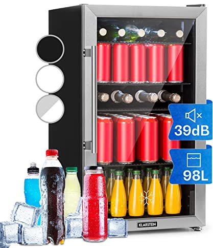 KLARSTEIN Nevera Pequeña Puerta Cristal Habitaciones, Nevera Portatil Electrica, Mini Nevera Pequeña para Bebidas, Frigorificos Pequeños 98L, Mini Frigorifico con Estantes, Neveras Pequeñas