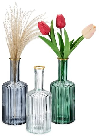 Relaxdays Vaser av glas, set om 3, blomvaser i flaskform, H x D: 20,5 x 8 cm, dekorativa vaser räfflade, flerfärgade