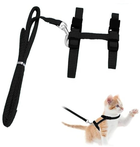 Katzengeschirr Ausbruchsicher, Katzenleine, Verstellbares Katzengeschirr 20-35 cm, Katzengeschirr zum Spazierengehen, Nylon Katzen Leine,Komfortables, Für Kleine Katzen, Kaninchen Und Hunde (Schwarz)