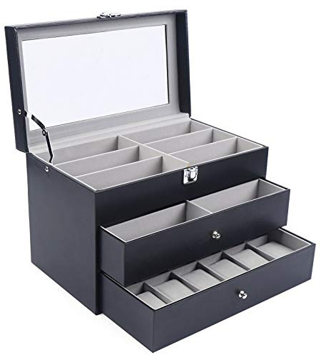 Aangeebone 24 Slot Uhrenbox Uhrenkoffer Brillentuis Uhrenkasten Box Brillen Box, Geeignet Für Uhren, Brillen und Sonnenbrillen, 34 x 19 x 22 cm, Schwarz
