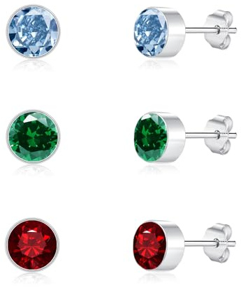 Loutade silver dam örhängen örhängen, 3 par 925 sterlingsilver runda platta stiftörhängen set med zirkon, 6 mm liten skiva brosk sova örhängen silver 925 kontakt för känsliga öron, Kubisk zirkonia