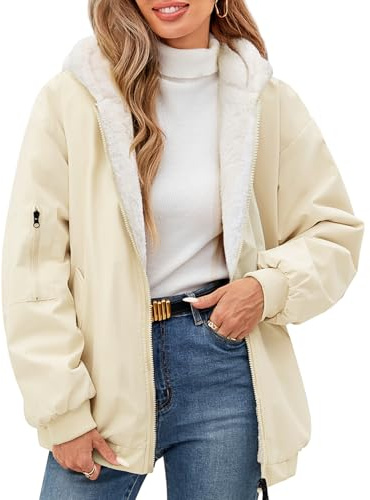 Tuopuda Chaqueta de Invierno para Mujer Parka con Capucha Reversible Abrigos Forro polar Chaqueta de Manga Larga Chaqueta Casual(Albaricoque,L)