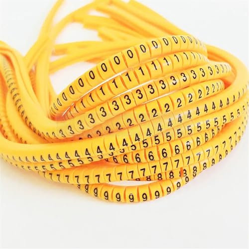 Repere fil electrique Marqueur de câble en PVC EC-0 EC-1, numéro de marqueur de fil de 0 à 9, taille de câble 1.5 mm², marqueurs de câble en PVC de couleur jaune, marqueur d'isolation(EC-0-yellow-0-9)