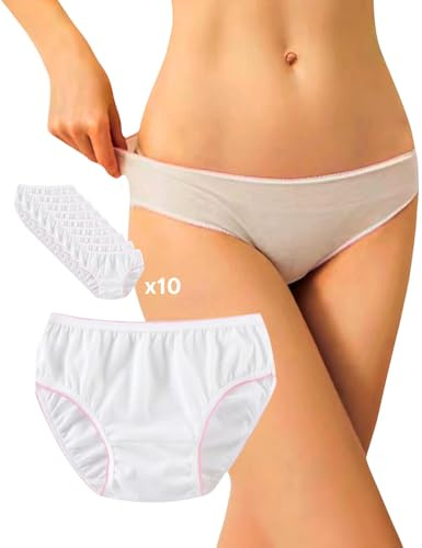 goMinisan Braguitas para mujer, 10 unidades, confeccionadas individualmente, 100% algodón, desechables, para hospital, maternidad, postparto, braguitas gestantes, Color blanco., M