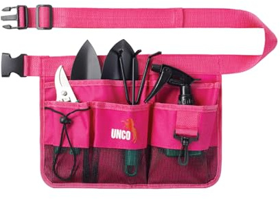 UNCO- Adjustable Gardening Belt, Pink, 7 Pockets, Wear, Cut and Water Resistant, Garden Tool Belt Pouch, Waist Apron with Pockets