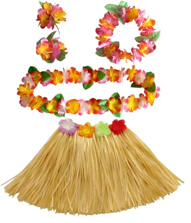 LILIKAI 5 Stück Hawaii Outfit Damen,Hawaii Kostüm Damen,Party Faschingskostüme,Bastrock Hawaii Rock Set,Einfach Blume Stirnband,Kette Girlanden Hula Rock für Sommer Beach Tropische Kostüme Erwachsene