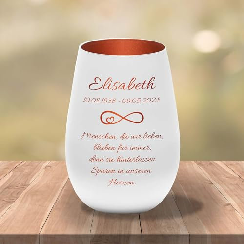 Kiwistar UG - Candela commemorativa - Portacandela - Con nome e data - Bianco - Bronzo - Incisione - Personalizzato - Infinito - Persone che amiamo - Lanterna funebre - Regalo di lutto