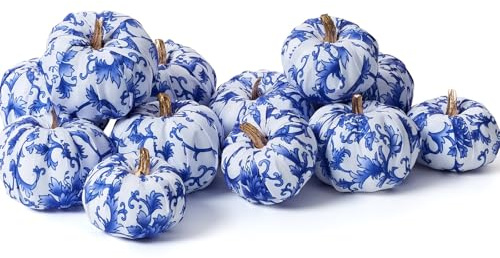 Sahoottie 12Pcs Artificial Pumpkins Decorations for Home Mini Velvet Pumpkin Autumn Decorations Faux Fabric Pumpkins Blue White Pumpkin for Halloween Decoration Fall Thanksgiving Party Table Decor