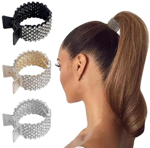 3 Stück Haarspangen Damen Metall Strass Haarspangen Halter Hoher Pferdeschwanz rutschfest Mode für Dickes Dünnes Haar (Gold, Silber, Schwarz)