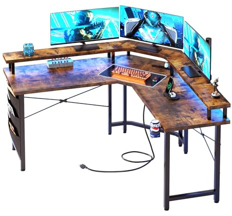 CAIYUN Computer Desk with Power Outlets & LED Strip, 50.8 Reversible L Shaped Desk with Monitor Stand & Storage Bag, Gaming Desk with Cup Holder for Home Office, Wooden Top, Rustic Brown