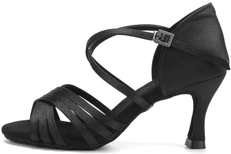 SWDZM Chaussures de danse pour femme en satin latin, professionnelles, salsa, bachata, chaussures de danse standard ouvertes, Noir , 38.5 EU