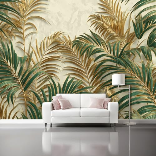 Fotomurales Fondo verde de hoja dorada de lujo tropical Papel Tapiz Moderno 250 x 175 cm Papel pintado tejido no tejido coración Pared corativos Sala Living Oficina Dormitorio Oro verde