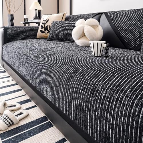 Tielag Sofa Überzug 1 2 3 4 Sitzer, Chenille Couch Überzug, Sofaschoner rutschfest, Sofabezug L Form, Sofadecken für Sitzfläche Washable, Schwarz, 70 x 150 cm