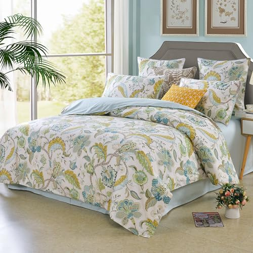 Helthep 3Pcs Duvet Cover Set Queen Size Bedding Set Baroque Floral Tropical Summer Bedding Vintage Farmhouse Paisley Pattern 100% Egyptian Cotton Green