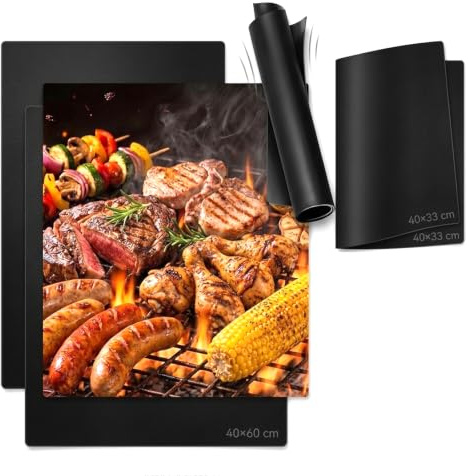 BBQ Grillmatten für Gasgrill, 4er Set, 2×40×33 & 2×40×60 cm, Antihaft | 4-teiliges Set in zwei Größen • Antihaft-Beschichtung • Wiederverwendbar • Zuschneidbar • Hitzebeständig bis 260 °C