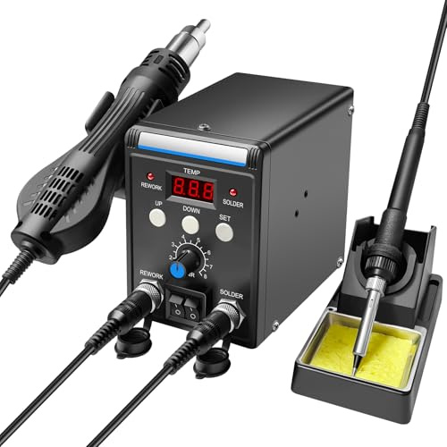 2-in-1 Soldering Iron Station Kit with Hot Air Gun, 2 Helping Hands, Desoldering Station with Sleep Function, LED Display, Quiet Brushless Fan, Temperature Control, Digital Rework Station for Repairs