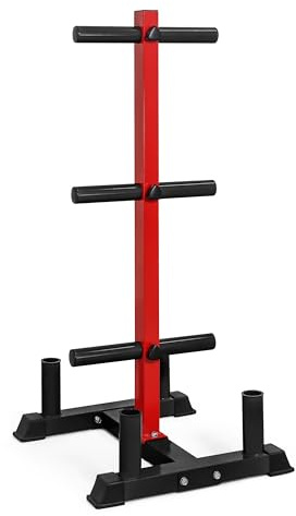 CAP Barbell Olympic Bumper Plate Tree Rack with 6 Weight Plate Posts and 4 Barbell Storage Holders – Heavy-Duty Steel Gym Organizer for Olympic Plates and Bars - Black/Red
