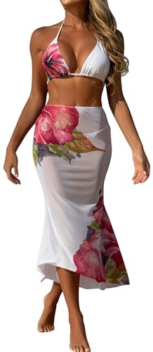 Ausing Women 3 Piece Bikini Sets with Long Skirt Halter Bikini Top Sexy Triangle Bikini Bottoms Beach Swimsuit Swimwear S-L
