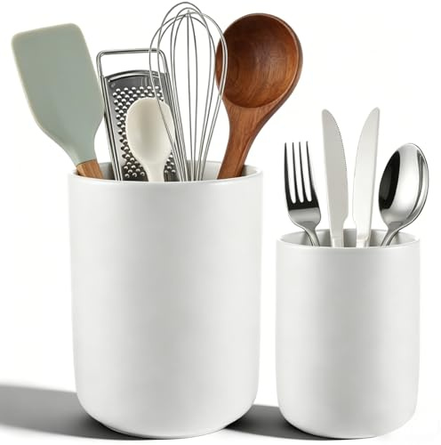 LDHHYH 2 Piezas Soporte Utensilios Cocina de Cerámica Blanca Mate, Porta Utensilios Cocina en Dos Tamaños, Bote Organizador para Cucharas, Espátulas, Tenedores y Encimera