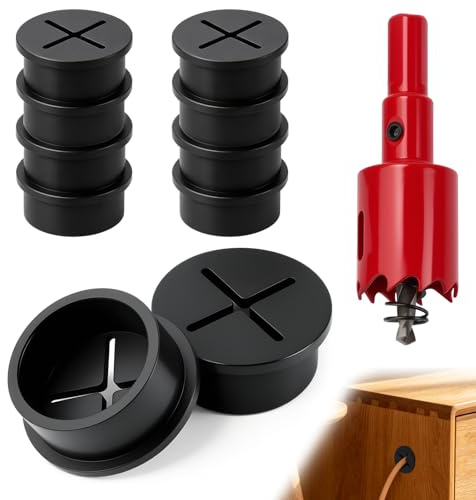 SWTYExt 8 passacavi da tavolo da 30 mm, colore nero, con 1 sega a tazza | Passacavi da scrivania, in gomma, colore nero, passacavi, piccola scatola passacavi da scrivania, pannello in legno