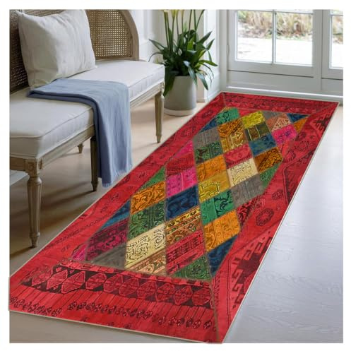 BORKOY Teppich Läufer Flur Lang Waschbar rutschfest 60x120 cm Rot Patchwork Boho Küchenläufer Weich Flurteppich Läufer Lang Flur Küche Wohnzimmer Schlafzimmer Korridor Eingang Bettvorleger