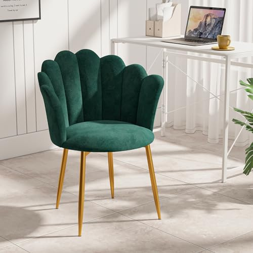 Luxstein Schminktisch Stuhl, Samt Sessel mit goldenen Metallbeinen | Eleganter Muschel Stuhl Relaxsessel für Wohnzimmer Schlafzimmer, Grün