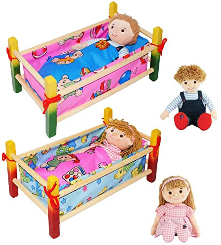 alles-meine.de GmbH Set Puppenbett aus Holz & Schmusepuppe - Mädchen - Bett aus Naturholz - 40 cm lang - incl. Bettzeug - Decke & Kopfkissen - Holz Wiege Kinderbett Bett Ba..