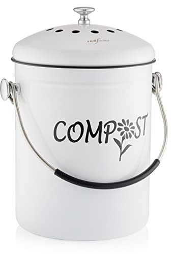 RED FACTOR Deluxe Compost Bin for Kitchen Worktop - Stainless Steel Food Waste Caddy with Innovative Dual Filter Technology - Includes Replacement Filters (White Designer, 5L)