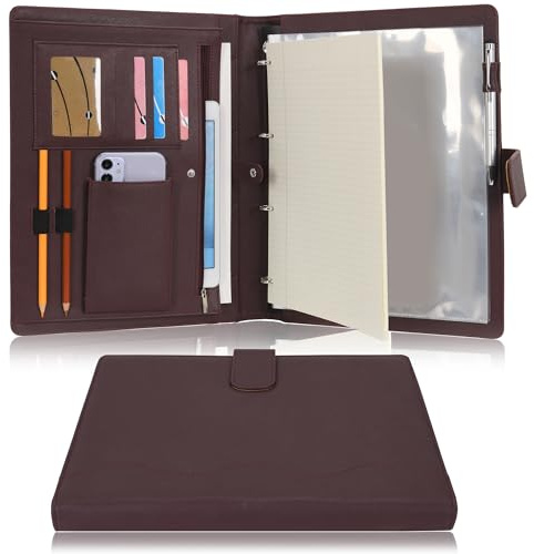 Wonderpool A4 PU Leder Ringhalter Schreibmappen Multi Dokumententasche mit Herausnehmbarem Binder Klemmbretter und funktioneller Tasche für Organizer Büro Reise Schule (Braun)