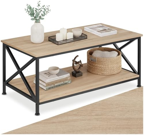 tectake® Tavolino Salotto 100x55x45,5cm, Tavolino da Salotto, 2 Ripiani, Piedini Regolabili, Ideale per Libri, Laptop, Piante, Riviste e Bevande in Soggiorno, Casa, Ufficio - Legno Industriale Chiaro