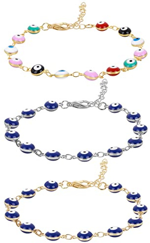 Yolev 3 Stück Evil Eye Armband Damen Herren Mädchen | Auge der Türkei 18 Karat Vergoldetes Edelstahlarmband Schutz Fußkettchen Auge Schmuck Geschenke Damen Mädchen
