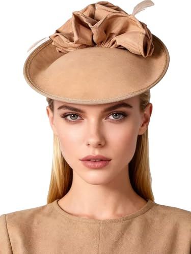 HIMESPORT Fascinator im Vintage-Stil, Fascinator, Pferderennen, Festival, Hüte, für Damen, Hochzeit, elegant, Kirche, Wollfilz, Floppy Fedora, Hellkamel, Medium