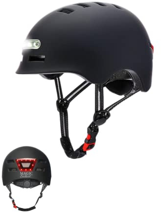 Casco de Ciclismo con Luz Trasera Roja + Luz LED Frontal Blanca. Casco de MTB, Bicicleta, Patinete. Casco Redondo Scooter con Forro Desmontable, Carcasa de PC + EPS, 14 Respiraderos y Cable USB.