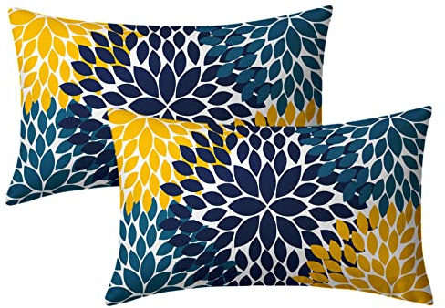 Kawani Navy Blue Yellow Pillow Covers 12x20 Teal Yellow Dahlias Flowers Throw Pillow Modern Farmhouse Rustic Lumbar Pillow Cases Set of 2 Home Decor for Living Room Bedroom Couch Cushion Outdoor