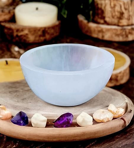 4All Bol de nettoyage rond en cristaux de sélénite - Pierre de sélénite super naturelle - Outil de méditation - Fait à la main - 8 cm