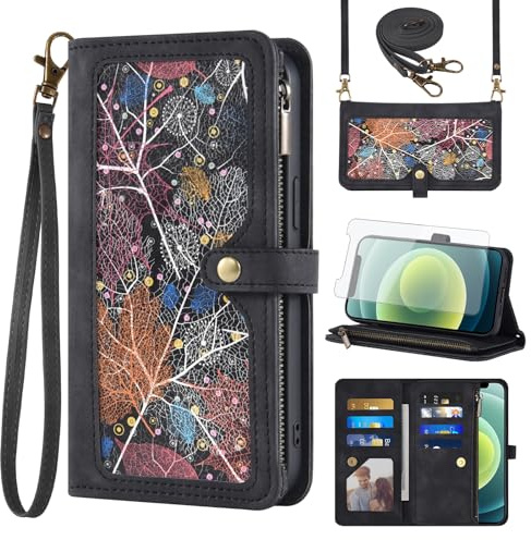 Phone Case for iPhone 12 Pro iPhone12 6.1 Wallet Cover With Screen Protector Crossbody Wrist Strap Leather Flip Pattern Zipper Credit Card Holder Stand Cell iPhone12pro 5G i 12s 12pro Women Men Black