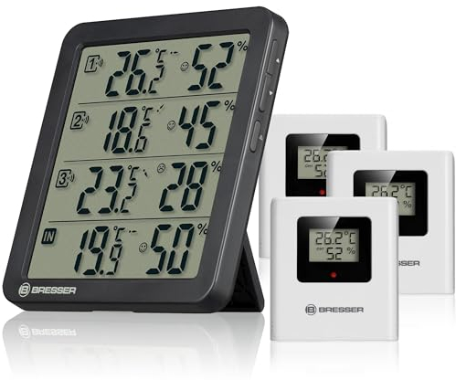 Bresser Quadro NV Thermo-Hygrometer mit 4 Messpunkten, integrierter Sensor und 3 Funksensoren, Smiley-Komfortindikator, Min/Max-Speicher, IP44, schwarz, wenig