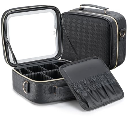 LINAZI LED Mirror Makeup Bag,Travel Makeup Case with Mirror Big Capacity,Traveling Makeup Case 3 LED Colors Modes Light/Adjustable Dividers/PU Leather Waterproof Dirt-Resistant Mirror-Lady's Gift