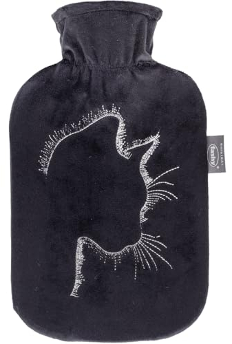 Fashy Wärmflasche 2,0 L mit Flauschbezug mit Stickerei Katze, schwarz