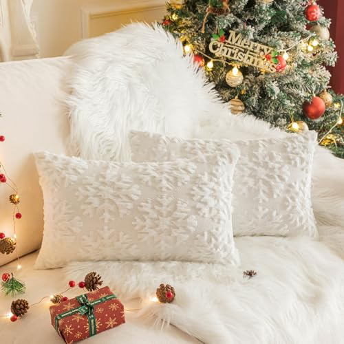XNSHUN 2er Set Kissenbezug Weihnachten, Deko Kissenhüllen Weihnachtsdeko Plüschkissen Sofakissen Deko Bezug, Zierkissenbezug Für Kissen Sofa Schlafzimmer Wohnzimmer (30x50cm,Weiß-Schneeflocke)