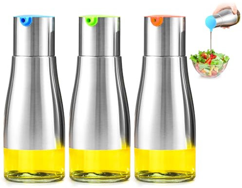 Eiflayn Ölflasche,3 Stück 320ml Essig und Ölflaschen Set,Olivenöl Kanne,Olivenöl Flasche aus Aostfreiem Stahl mit Glasfuß,Ölkanne Olivenöl,Staub und Leckagegeschützt,Ölflasche mit Ausgießer