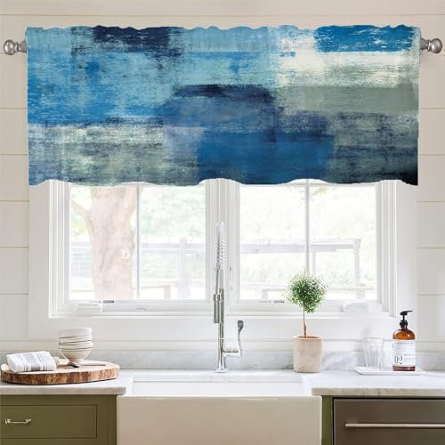 AMDXD Küchengardine Landhaus, Abstrakt Geometrisch Muster Scheibengardinen Blickdicht Kinderzimmer Polyester Vorhang Muster Lang für Zimmer, Büro, Blau, B*H 137x45cm