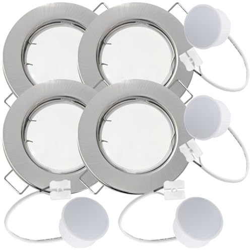 4er Set Flache Milchglas SMD LED Modul Einbauleuchten | Farbe Edelstahl gebürstet | 5W | 230V | Starr | Klemmring | LED Spots für die Decke bei wenig Einbautiefe | Wohnzimmer | Küche | Schlafzimmer