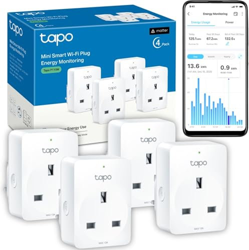 Tapo P110M (4-pack) Smart Plug, WiFi Plug, Energy Monitoring, Electricity Usage Monitor, MATTER Certified, App Remote Control, Alexa, Voice Control with Alexa & Google, Away Mode, Compact Design