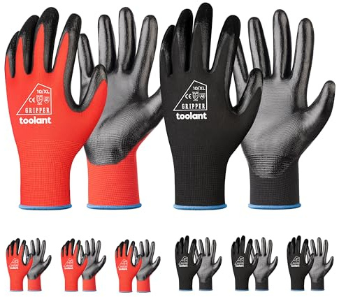 toolant Nitrile Coating Work Gloves for Men, Superior Oil Resistance, 6 Pairs Bulk Safety Work Gloves with Grip, Touch Screen, for Automobile Repair, Gardening, Warehouse (Red & Black，XL)