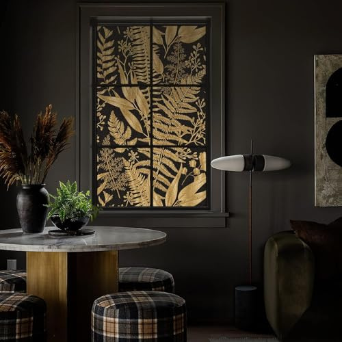 Funlife Schwarz Fensterfolie Blickdicht, Dekorative Verdunklungsfolie für Fenster Statische Fensterfolie, Milchglasfolie Selbstklebend Verdunkelungsfolie, Faux Gold Farn 43x200cm