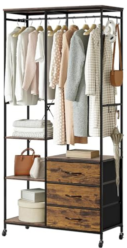 Mintnook Perchero Burro Ropa, Armario de Ropa, Perchero con Cajones, Burro de Ropa Resistente, Ganchos, para Dormitorio, Salón, Entrada, Marrón Rústico