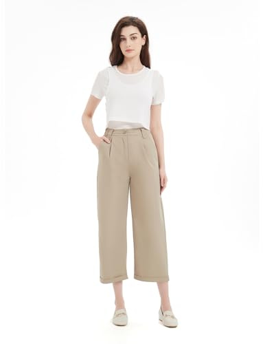 GLOWELFA Pantalon Femme Été Fluide Taille Haute – Coupe Large 7/8 Pantacourt Élastique au Dos, Léger et Confortable, Tissu Respirant et Extensible, Idéal Travail Bureau Vacances